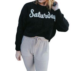 Express Fuzzy Saturday Script Graphic Teddy Sweater Black Small Petite